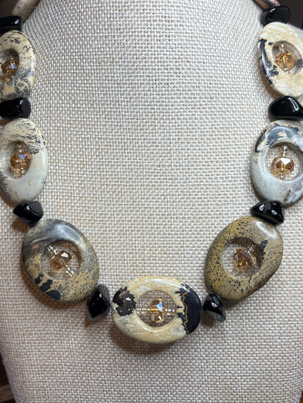 Picture Jasper, Black Onyx & Champagne Crystal Statement Collar Necklace | 16–20 - Picture 3 of 7